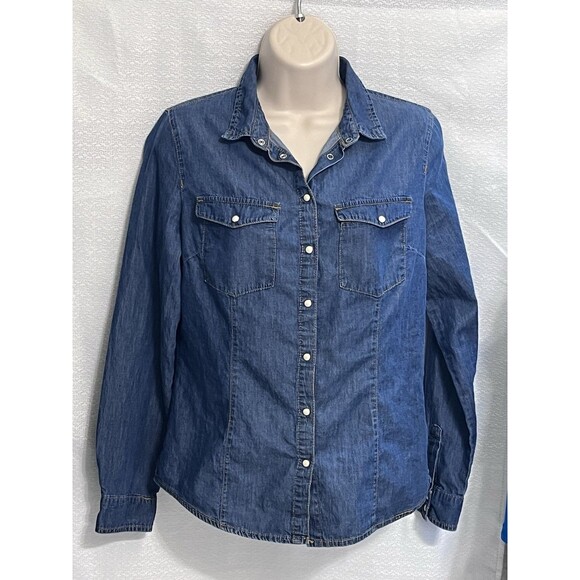 Bershka Denim Pearl Snap Button Shirt Womens M Blue Western Coastal  Cowgirl Y2K - Picture 1 of 6